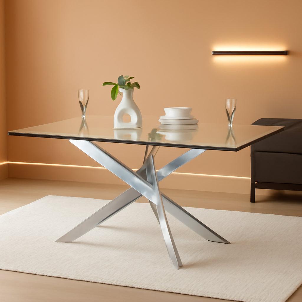 58.5 Inch Rectangular Glass Dining Table With Silver Finish-0