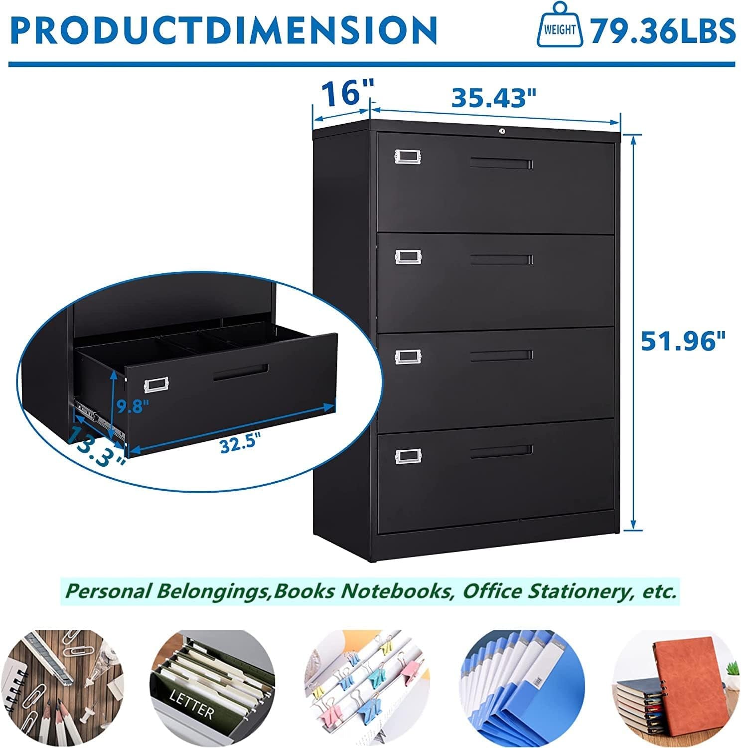 Lockable 4-Drawer Lateral File Cabinet for Office/Home-2