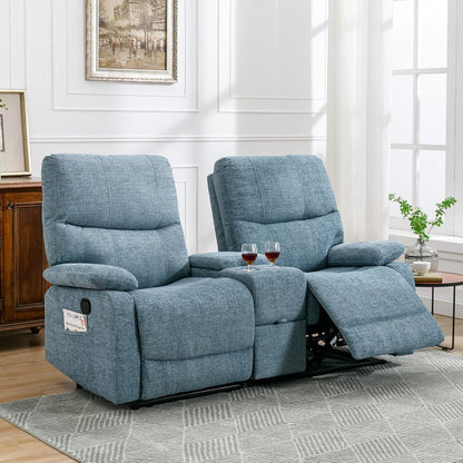 Double Reclining Loveseat - Fabric Home Theater Seating with Console - 2 Seater Manual Reclining Couch for Living Room, Office (Fabric- Blue)-0