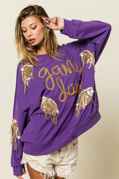 BiBi Sequin Football Patches Game Day Sweatshirt