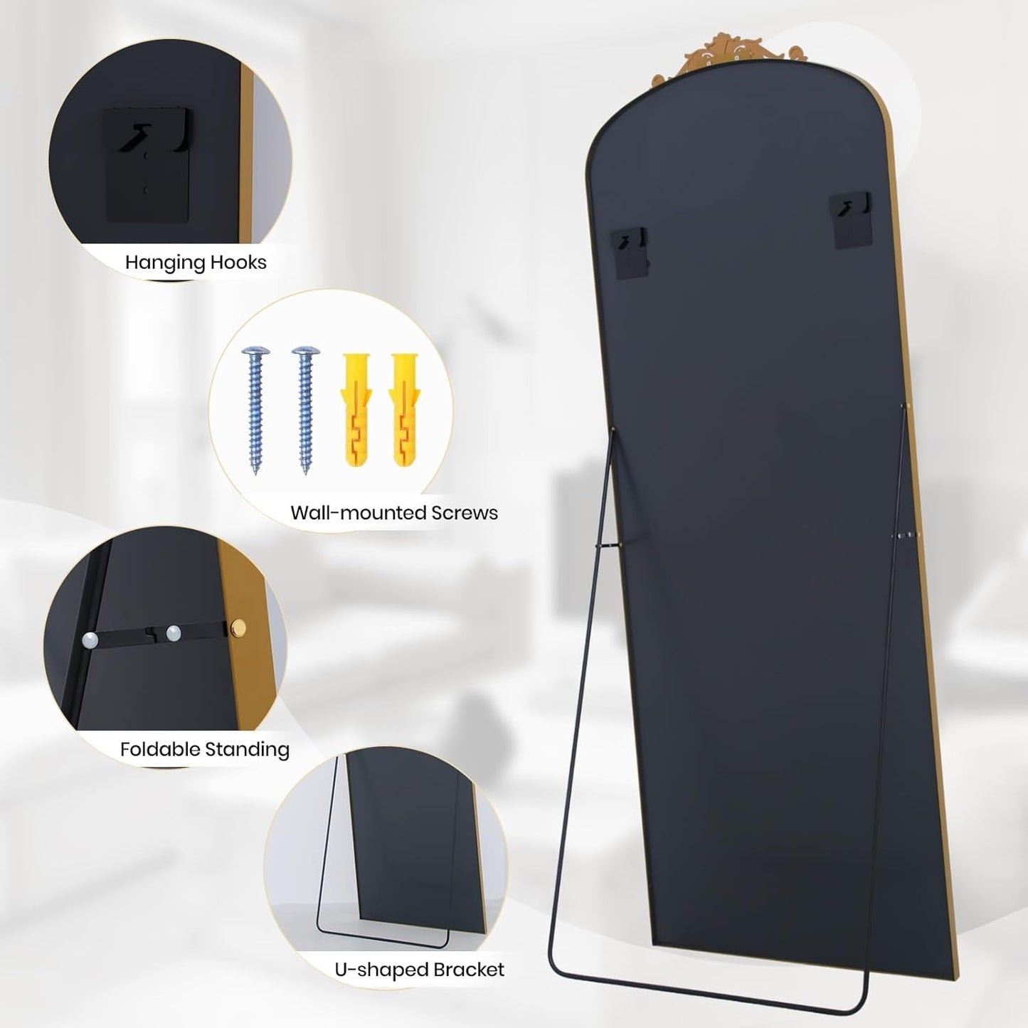 Filigree Floor Mirror, 71"L X 30"W, Gold Aluminum Alloy Framed, Modern Style, Full Length Mirror with Stand or Wall Mount, Explosion Proof, Perfect for Home Decor and Selfies-3