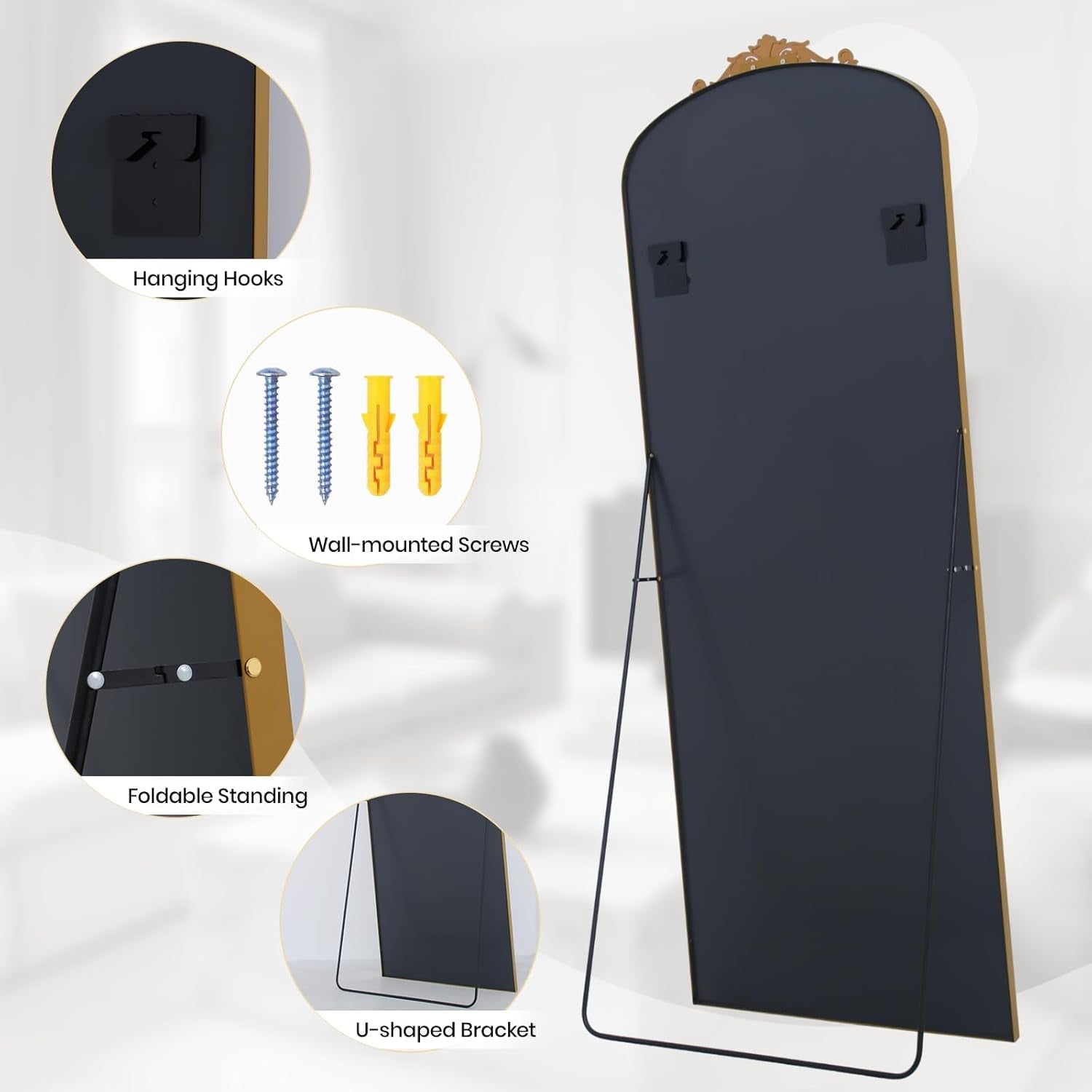 Filigree Floor Mirror, 71"L X 30"W, Gold Aluminum Alloy Framed, Modern Style, Full Length Mirror with Stand or Wall Mount, Explosion Proof, Perfect for Home Decor and Selfies-3