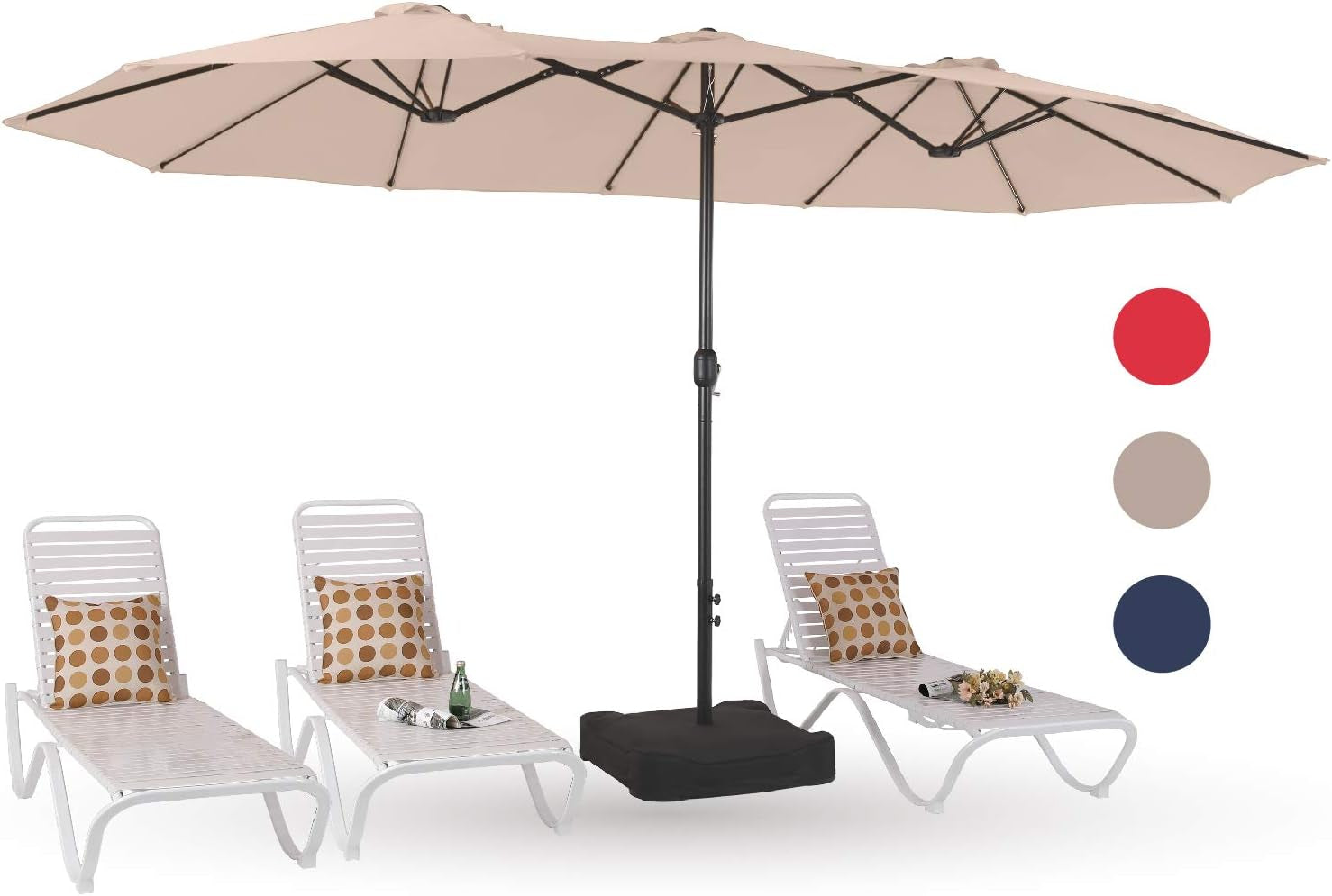 15Ft Large Patio Umbrellas with Base Included, Outdoor Double-Sided Rectangle Market Umbrella with Crank Handle, for Poolside Lawn Garden, Beige-0
