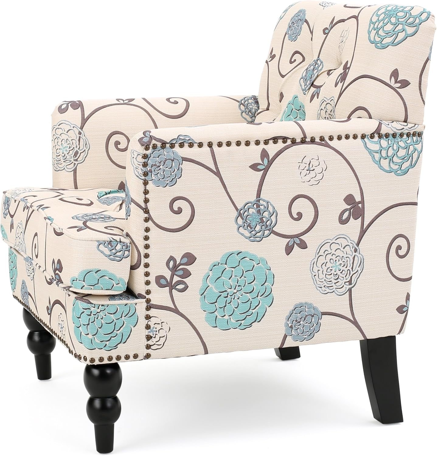 Harrison Floral Tufted Club Chair White Blue Polyester-4