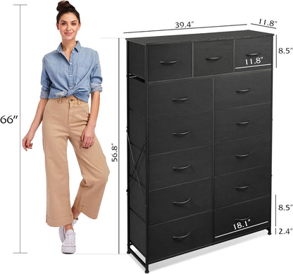 Tall Dresser for Bedroom with 13 Drawers, Storage Dresser Organizer Unit, Fabric Dresser for Bedroom, Closet, Chest of Drawers with Fabric Bins, Steel Frame, Wood Top, Charcoal Black-2