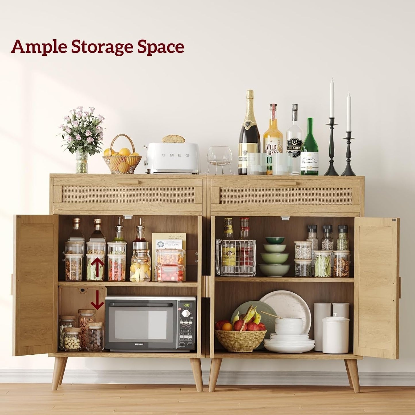 Natural Rattan Storage Cabinet Buffet Sideboard Drawers-3