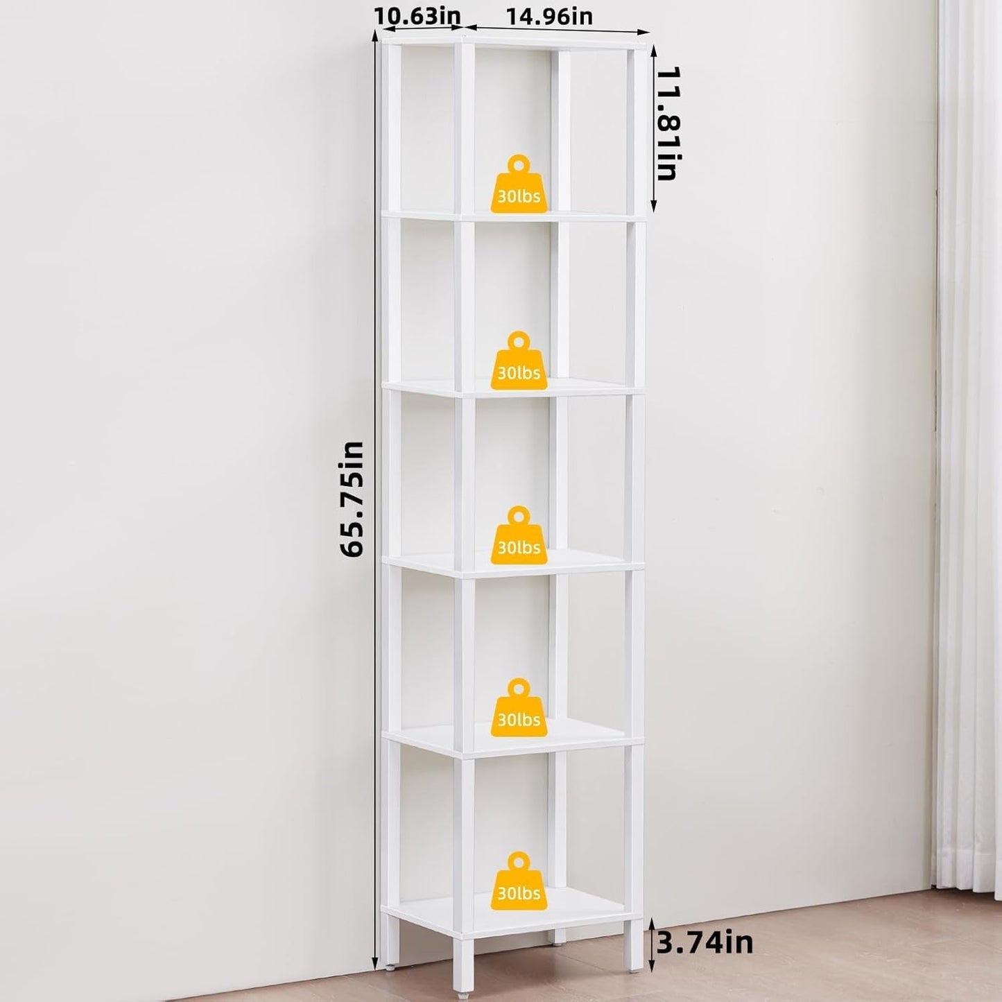 66In Tall Bookshelf 6-Tier Small Narrow Bookcase, Skinny Book Shelf for Small Space, Farmhouse Slim Shelf with Storage, Wood Freestanding Display Thin Bookshelves for Living Room, Office, White-1