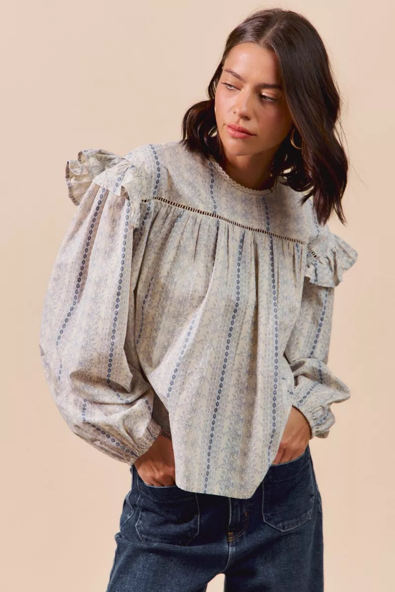 SO ME Floral Cotton Print Ruffled Long Sleeve Blouse