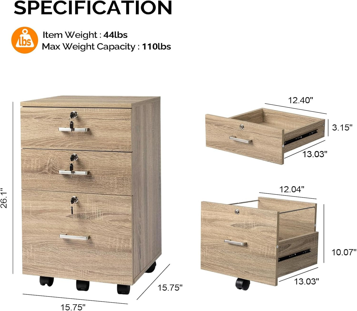 3-Drawer File Cabinet with Lock, Wood Rolling File Cabinet under Desk File Cabinets for Home Office, Mobile Printer Stand & File Cabinet for Letter Sized Files, 26" H(Caster Included), Oak-2