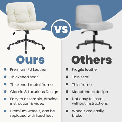 Criss Cross Chair with Wheels, Legged Office Armless Wide Seat, Adjustable Swivel Leather Task Vanity Home Office Desk Seating for Bedroom Dorm Student-3