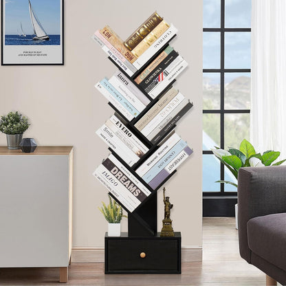 8 Tier Tree Bookshelf with Drawer, Free Standing Wood Bookcase for Living Room, Bedroom, Home Office, Space Saving Storage Organizer Bookshelves for Books, Cds, Vinyl Records- Black-1