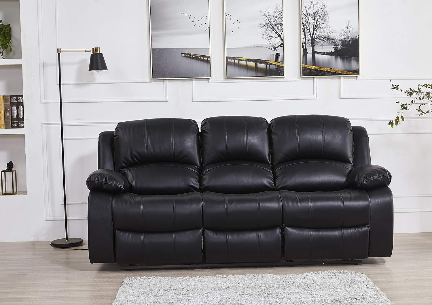 3PC Bonded Leather Reclining Sofa Chair Set Living Room Set Sofa Loveseat Glider Chair 8018 Multiple Colors (Black)-1