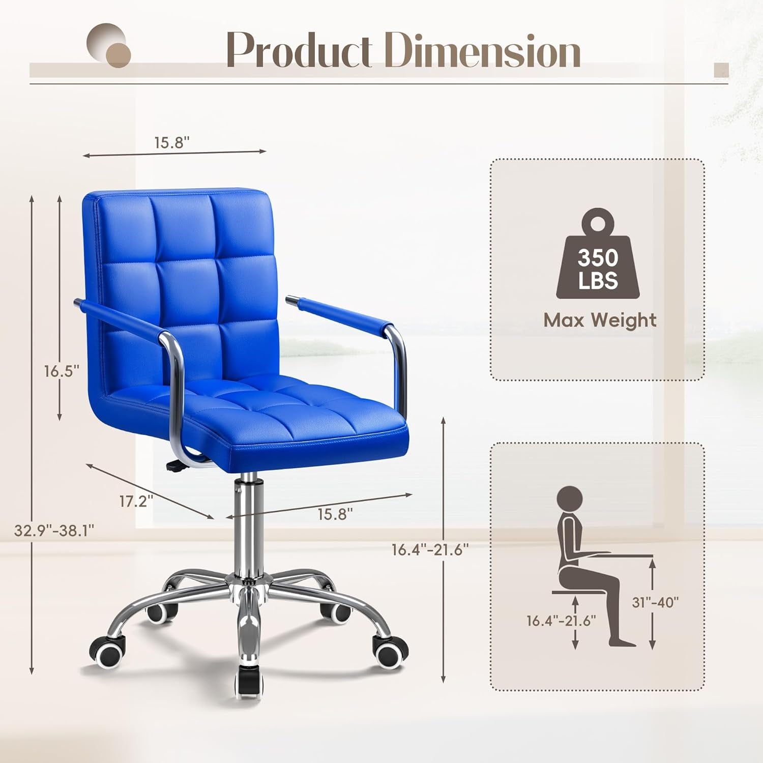 Mid-Back Office Task Chair Ribbed PU Leather Executive Chair Modern Adjustable Home Desk Chair Retro Comfortable Work Chair 360 Degree Swivel with Arms (Blue)-2