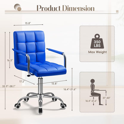 Mid-Back Office Task Chair Ribbed PU Leather Executive Chair Modern Adjustable Home Desk Chair Retro Comfortable Work Chair 360 Degree Swivel with Arms (Blue)-2