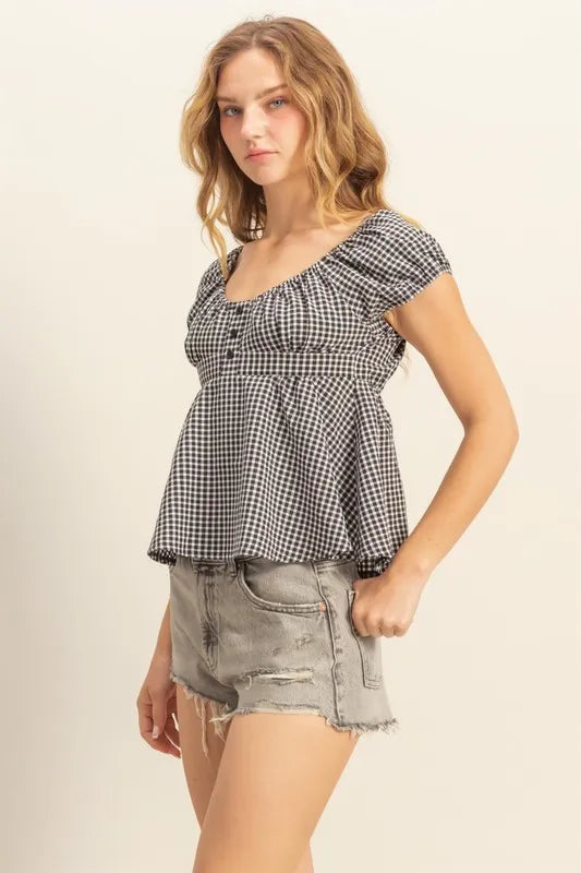 HYFVE Gingham Scoop Neck Cap Sleeve Blouse