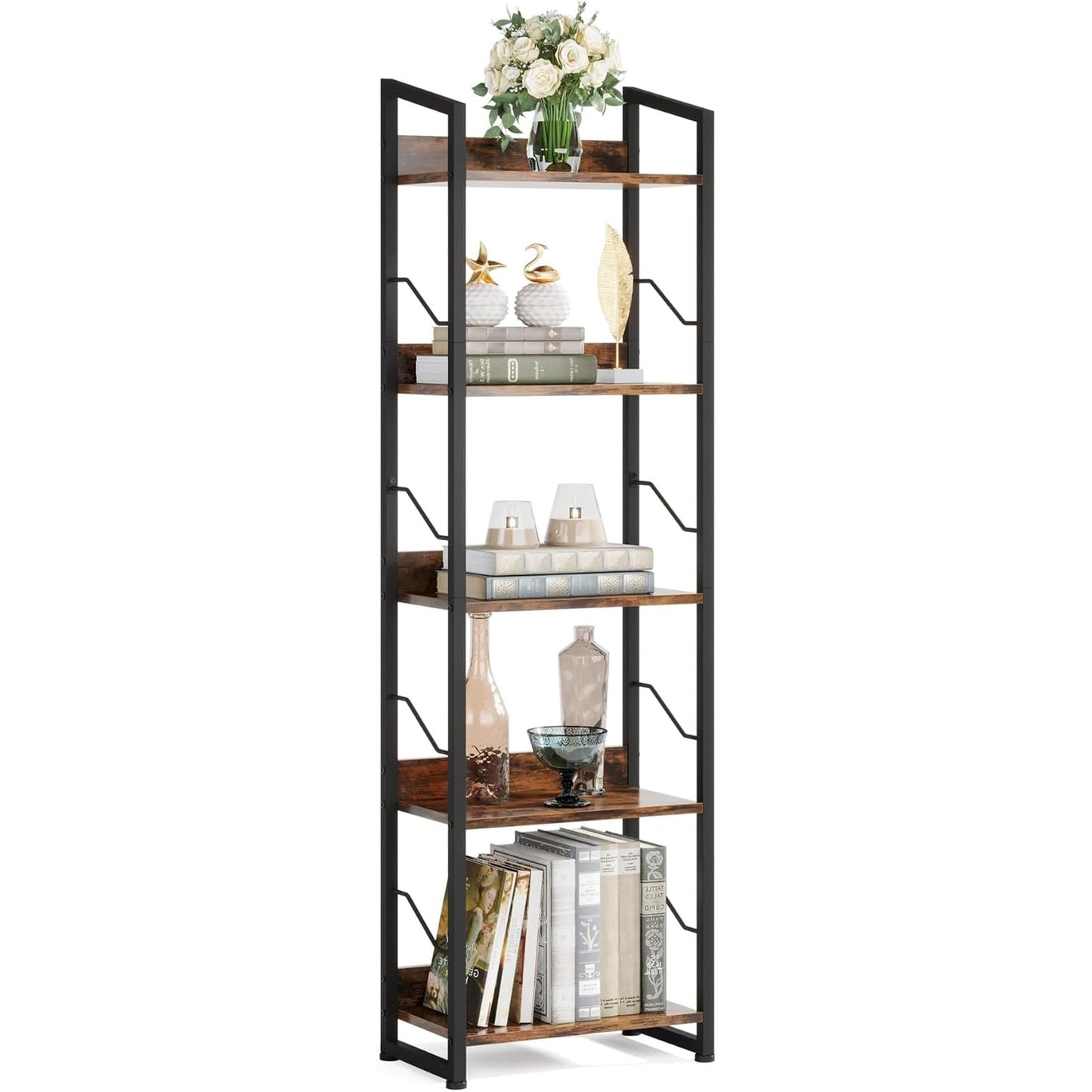 Book Shelf Small Bookshelf: 3-Tier Wood Bookcase Industrial Bookshelf with Edge Protection Metal Narrow Bookshelves Storage Organizer Display Rack for Bedroom (Rustic Brown, 5-Tier)-0