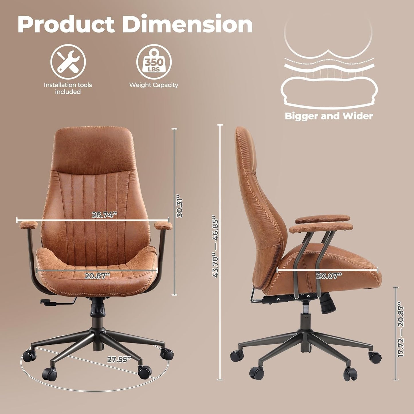 Ergonomic Home Office Chair, Mid-Century Modern Leather Chair with Lumbar Support, High Back Swivel Rolling Executive Chair, Comfy Task Computer Desk Chair (Brown, Suede Leather)-1