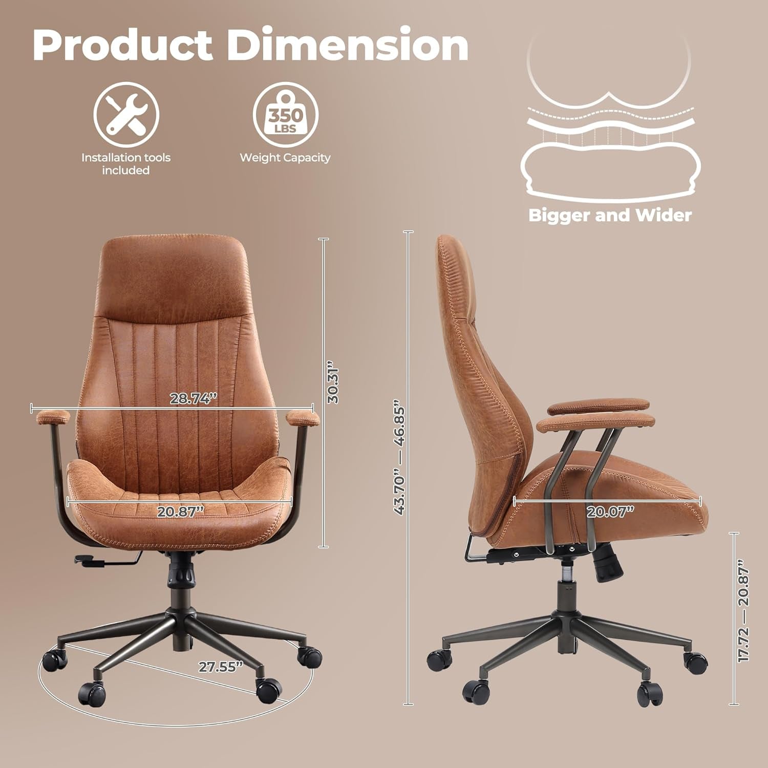 Ergonomic Home Office Chair, Mid-Century Modern Leather Chair with Lumbar Support, High Back Swivel Rolling Executive Chair, Comfy Task Computer Desk Chair (Brown, Suede Leather)-1