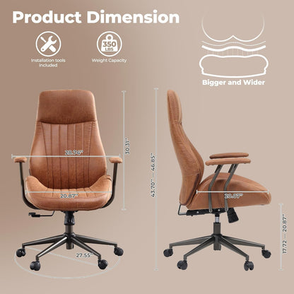 Ergonomic Home Office Chair, Mid-Century Modern Leather Chair with Lumbar Support, High Back Swivel Rolling Executive Chair, Comfy Task Computer Desk Chair (Brown, Suede Leather)-1