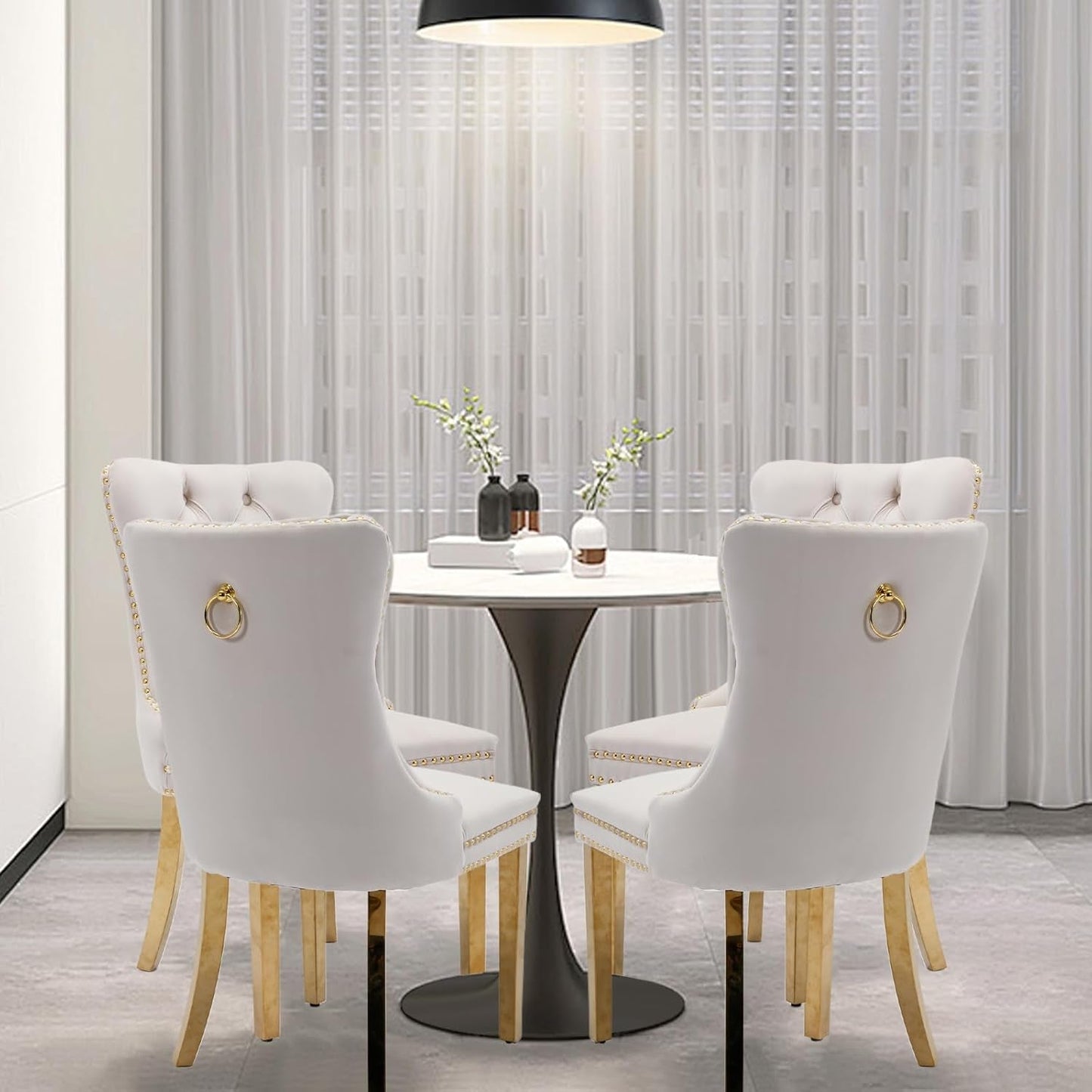 Velvet Upholstered Dining Chairs Set of 4, Modern Style Kitchen Side Chairs with Nailhead Trim and Gold Plated Leg, Metal Pulling Ring for Dining Room Living Room(Beige-Gold Plated Leg)-1