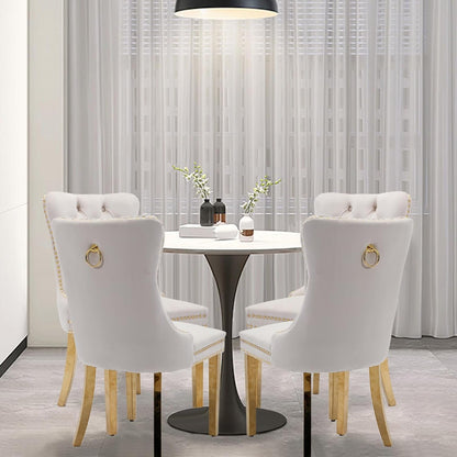 Velvet Upholstered Dining Chairs Set of 4, Modern Style Kitchen Side Chairs with Nailhead Trim and Gold Plated Leg, Metal Pulling Ring for Dining Room Living Room(Beige-Gold Plated Leg)-1