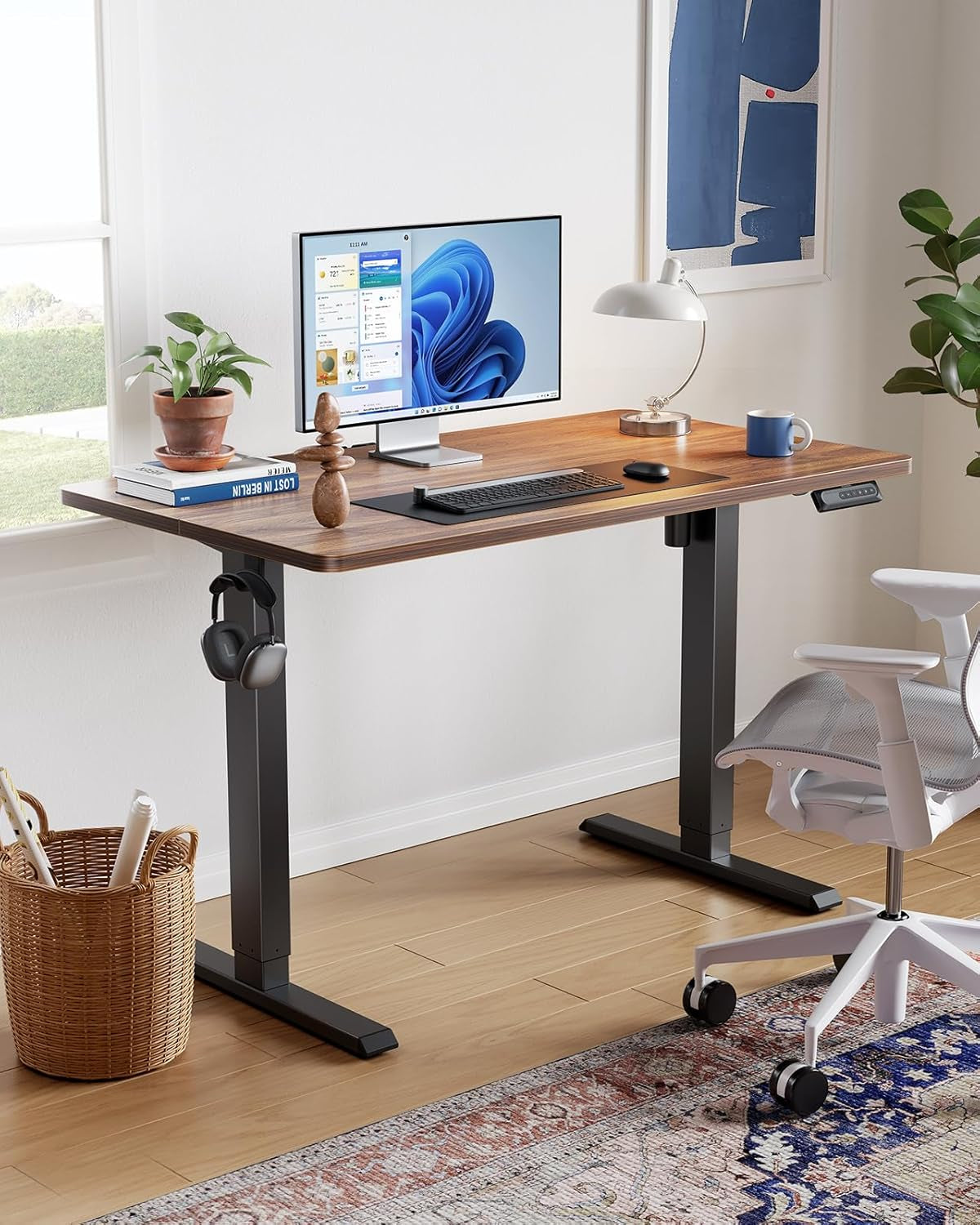 48" X 24" Electric Standing Desk Adjustable Height, 4 Memory Height Settings, Headphone Hook, Cable Manager, Sit Stand up Desk for Home Office & Computer Workstation, Walnut-1