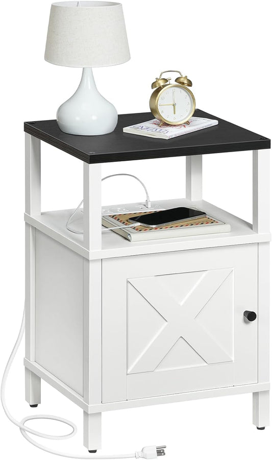Farmhouse Nightstand with Charging Station, White Bedside Table with Usb&Type-C Ports and Outlets, End Table with Storage, Night Stand for Bedroom, White and Black ETBW96E01-0