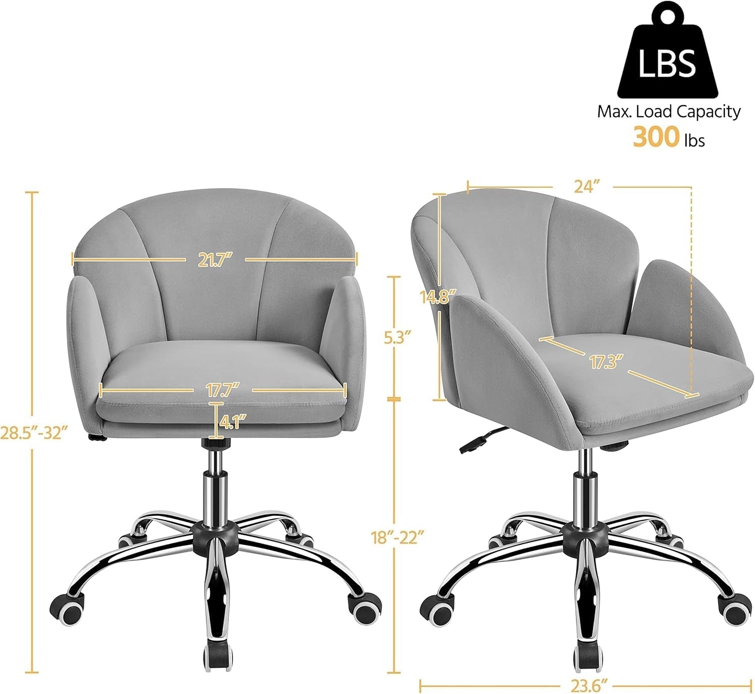 Cute Velvet Desk Chair for Home Office, Makeup Vanity Chair with Armrests for Bedroom Modern Swivel Rolling Chair for Women Light Gray-2