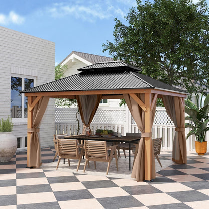 11X13 Wood Gazebo, Outdoor Hardtop Gazebo with Netting and Curtains, Double Galvanized Steel Roof, Deck Hard Top Gazebo for Backyard, Patio (Brown)-0