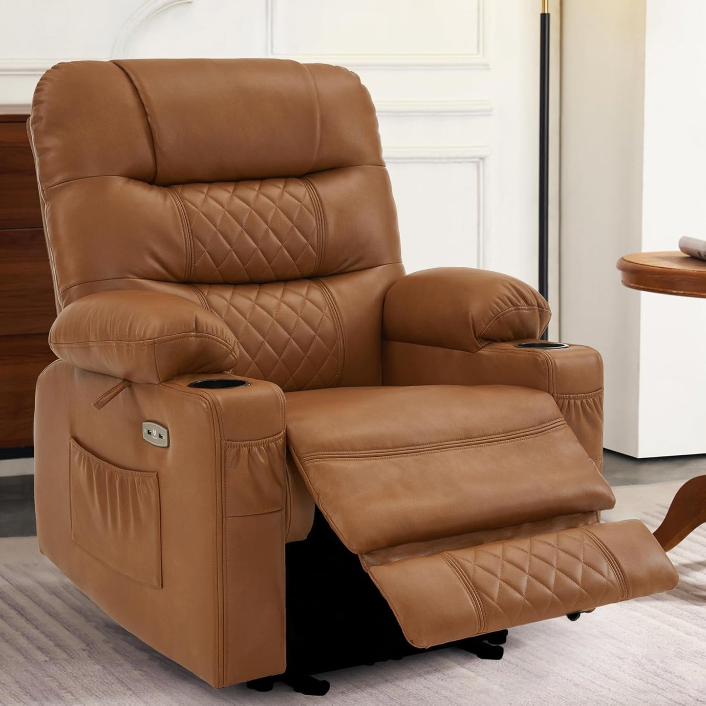 Power Recliner Chair, Electric Reclining with Heat and Vibration for Adult, Cup Holder, USB Port, Extended Footrest, Faux Leather, for Living Room, PR621 (Saddle)-1