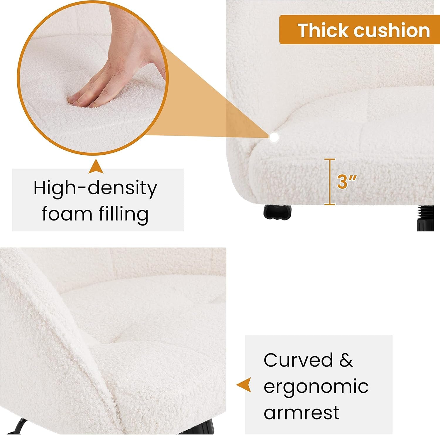 Modern Boucle Desk Chair, Makeup Vanity Chair with Adjustable Tilt Angle, Swivel Office Chair Upholstered Armchair Study Chair for Living Room and Makeup Room Ivory-3