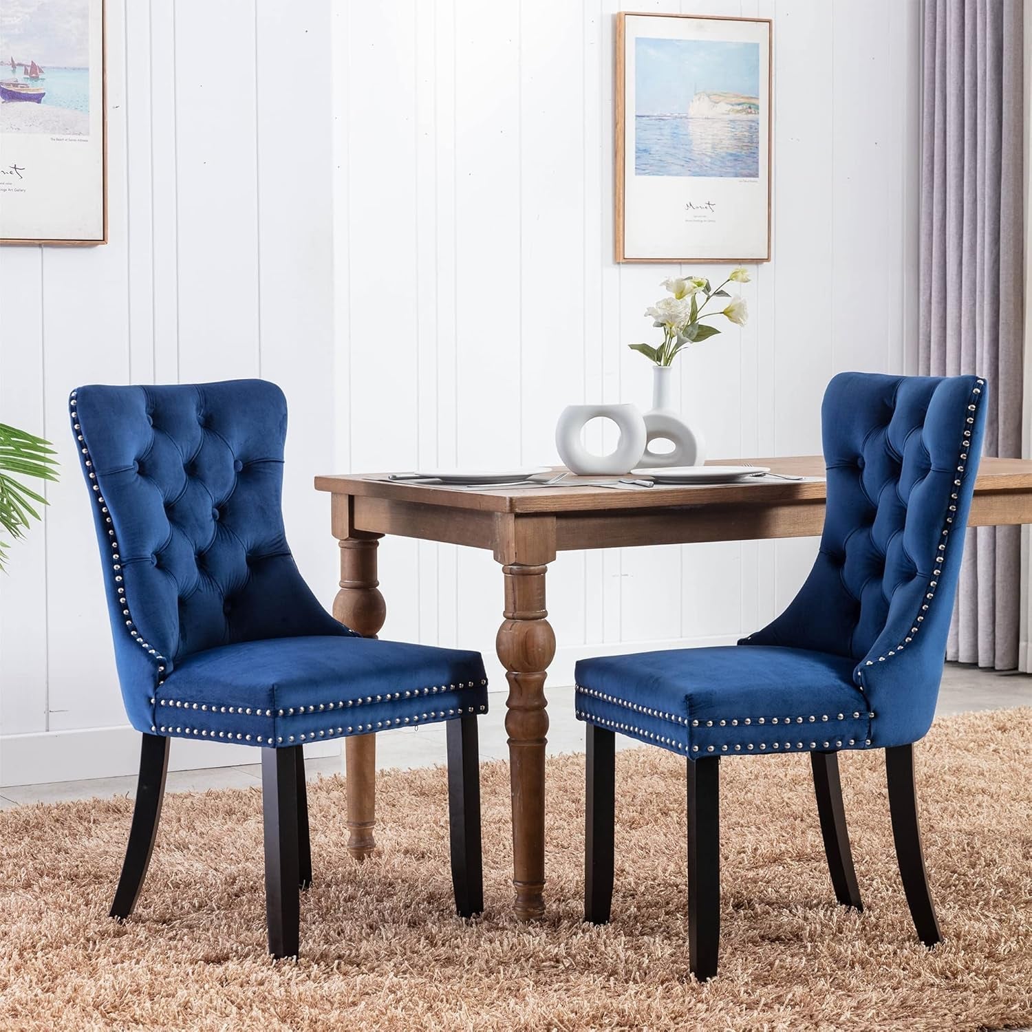 Tufted Dining Chairs Set of 4, Velvet Upholstered Dining Chairs with Nailhead Back and Ring Pull Trim, Solid Wood Dining Chairs for Kitchen/Bedroom/Dining Room (Blue)-1