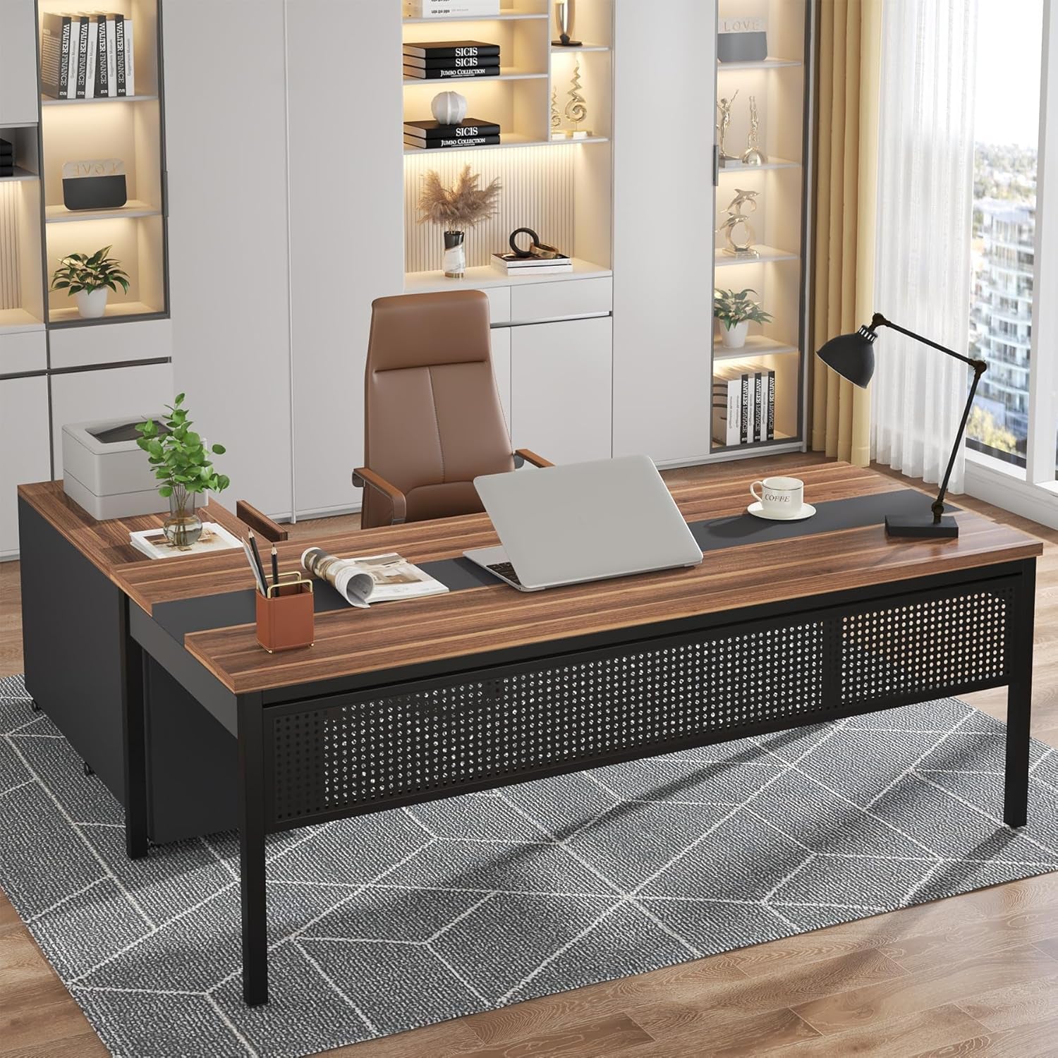 71" Walnut Executive L Desk with File Cabinet-1