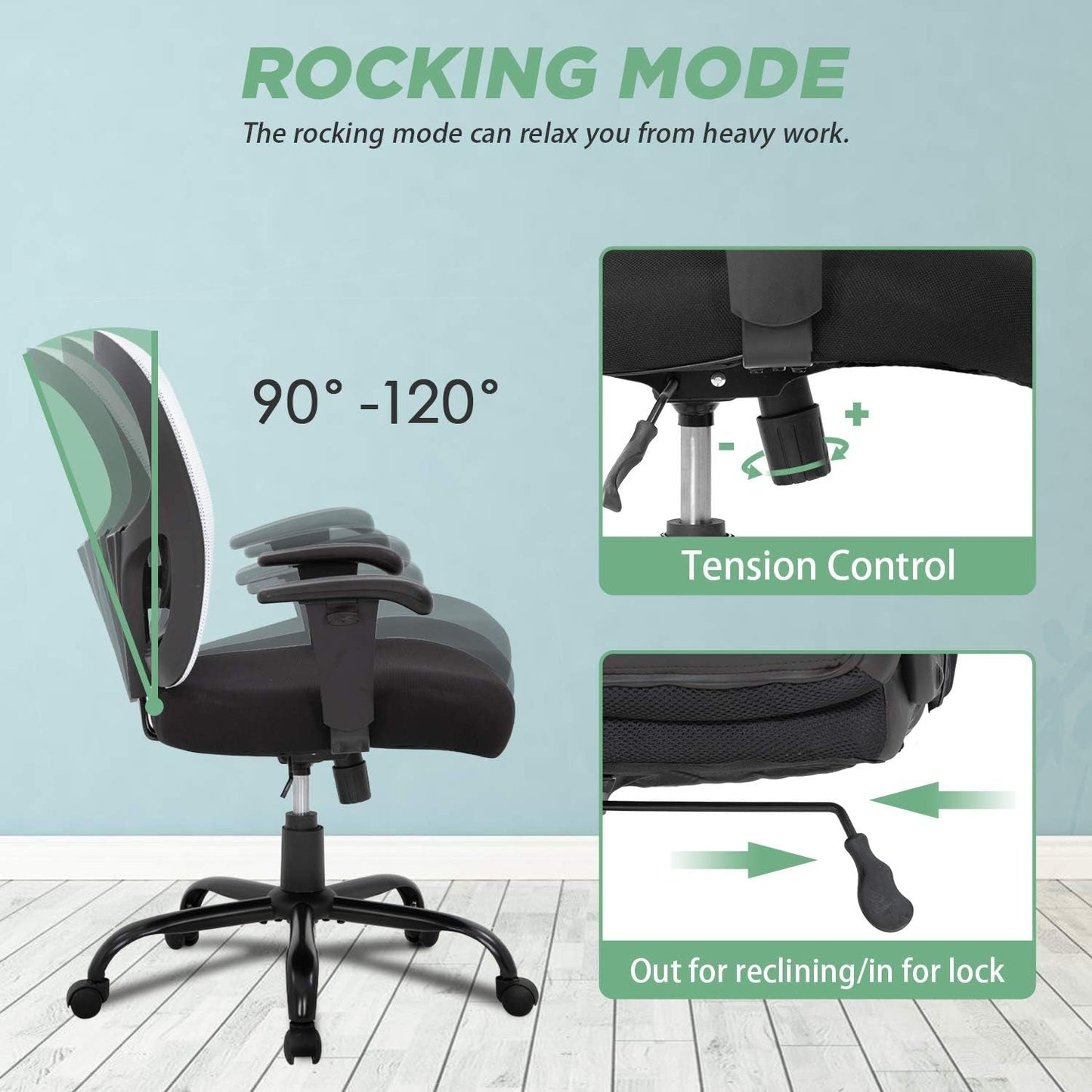 Big and Tall Office Chair 400Lbs Desk Chair Mesh Computer Chair with Lumbar Support Wide Seat Adjust Arms Rolling Swivel High Back Task Executive Ergonomic Chair for Home Office (White)-3