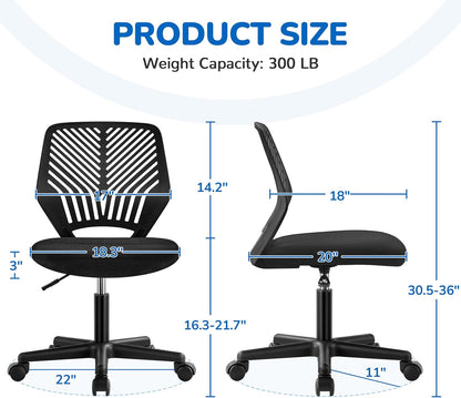 Students Cute Desk Chair Low-Back Armless Study Chair W/Lumbar Support Adjustable Swivel Chair in Home Bedroom School, Black-2