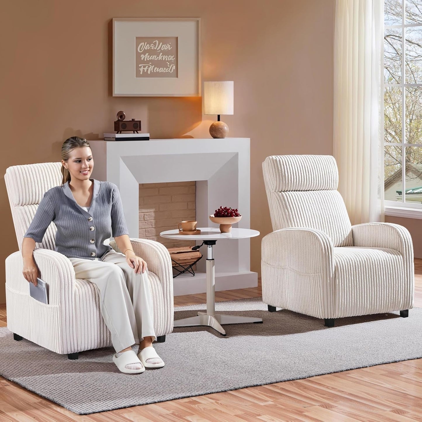 Corduroy High Back Accent Chair with Side Pockets Beige-2