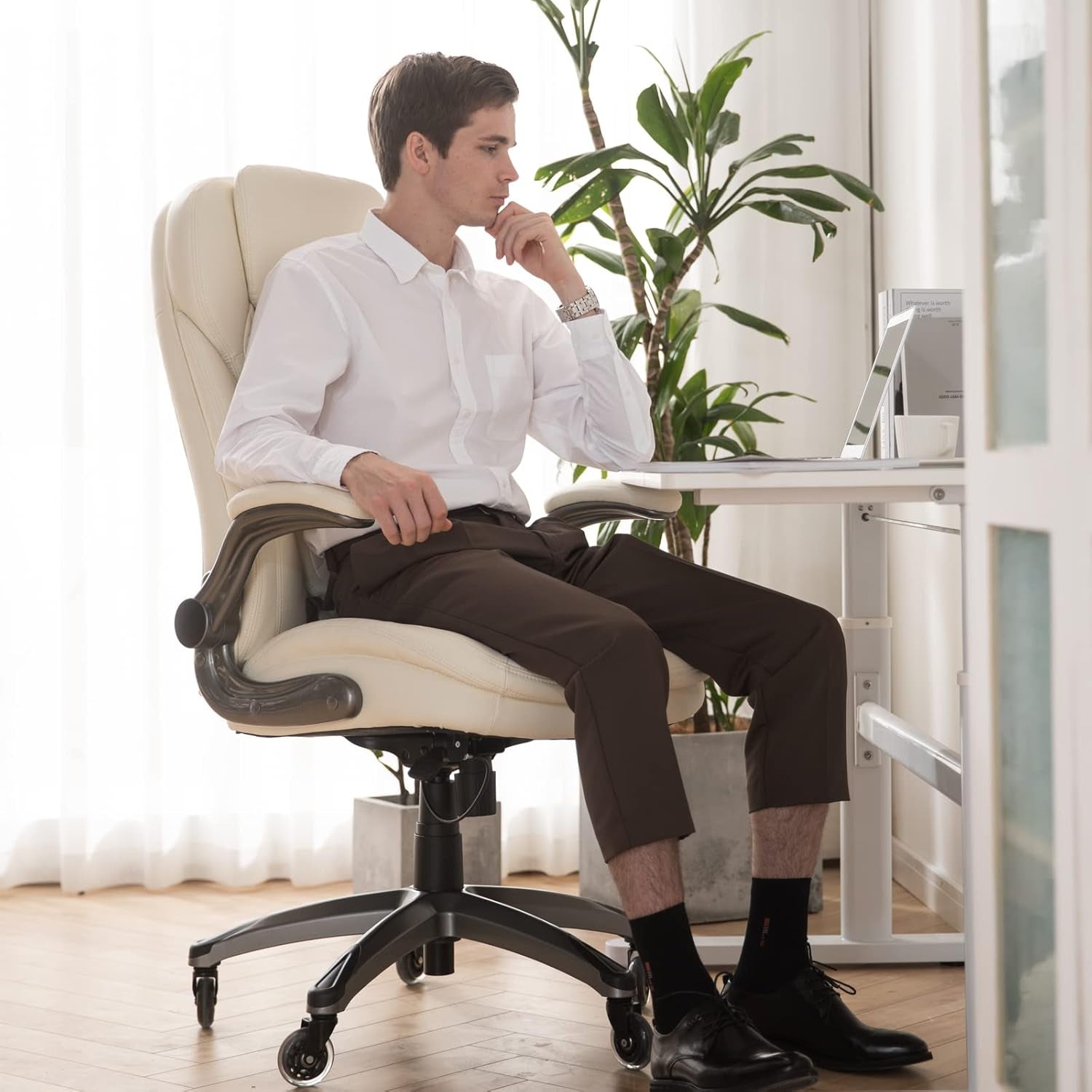 Executive Office Chair-Ergonomic Computer Desk Chair with Upgraded Caster for Swivel, High Back Office Chair with Padded Flip-Up Arms, Stylish Leather Chair Thicken Seat for Comfort (Ivory, 300Lbs)-1