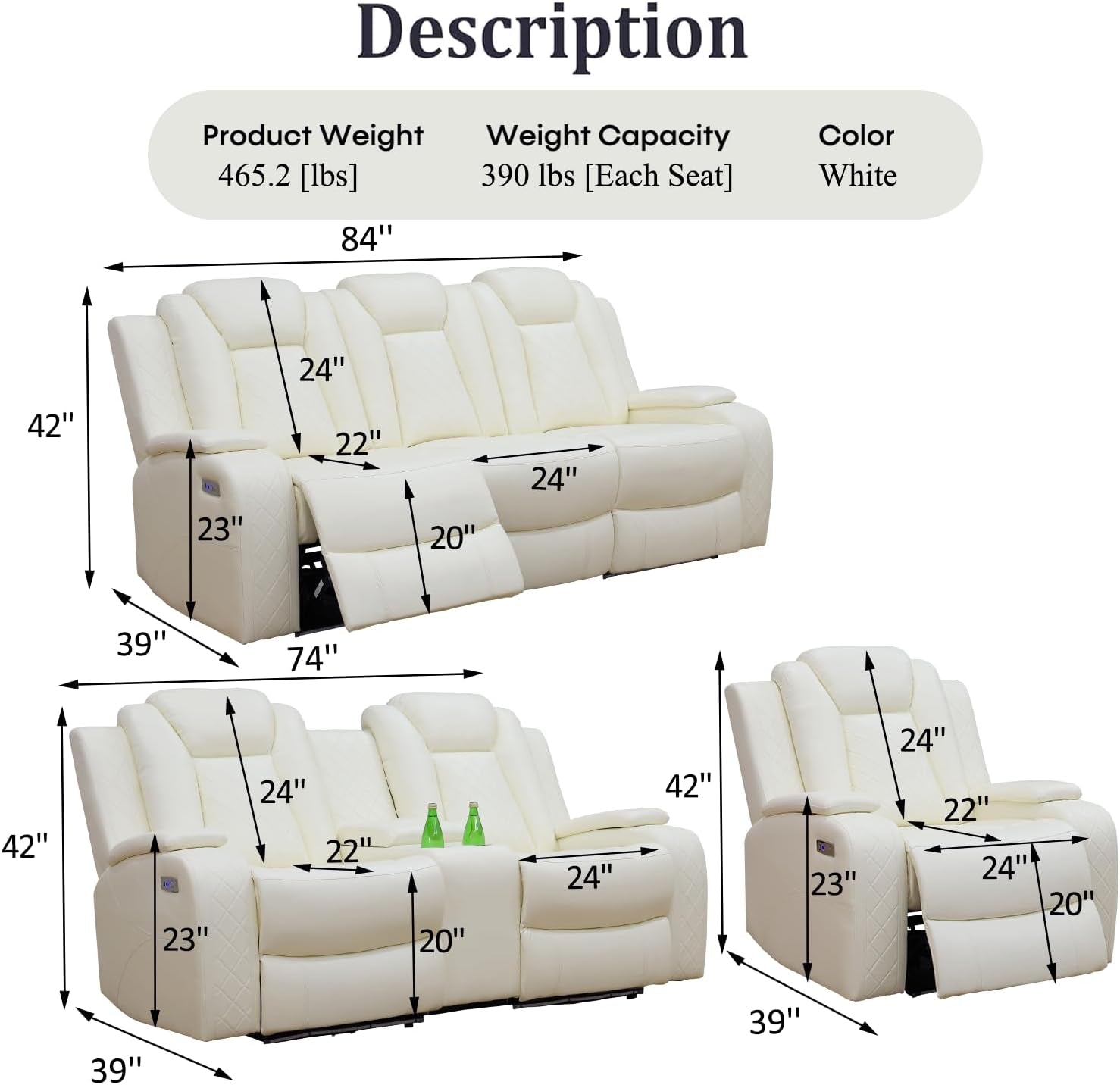 Power Recliner Sofa Set with LED Lights,Leather Reclining Sofa with USB Port/Wireless Charger/Storage Console/Cup Holder,Living Room Furniture Set for House/Home Theater(3 Piece Set,Creamy)-1