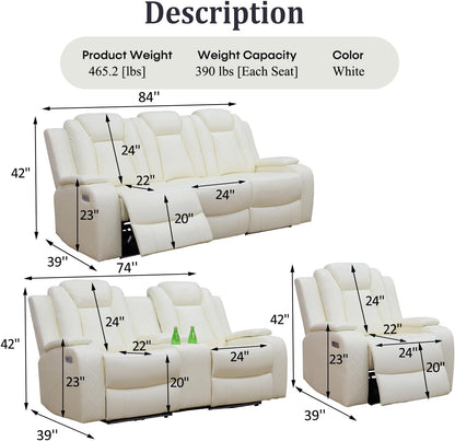 Power Recliner Sofa Set with LED Lights,Leather Reclining Sofa with USB Port/Wireless Charger/Storage Console/Cup Holder,Living Room Furniture Set for House/Home Theater(3 Piece Set,Creamy)-1