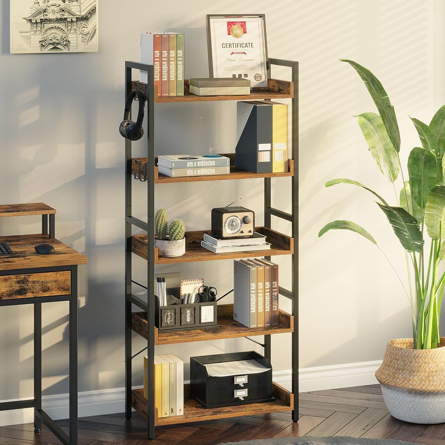 Industrial Rustic Brown Wood Quintuple Tier Bookcase-1