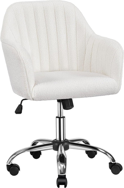 Boucle Vanity Chair Makeup Desk Chair Modern Office Chair Mid Back Accent Chair Height Adjustable Task Chair Swivel Computer Chair with Arms Ivory-0