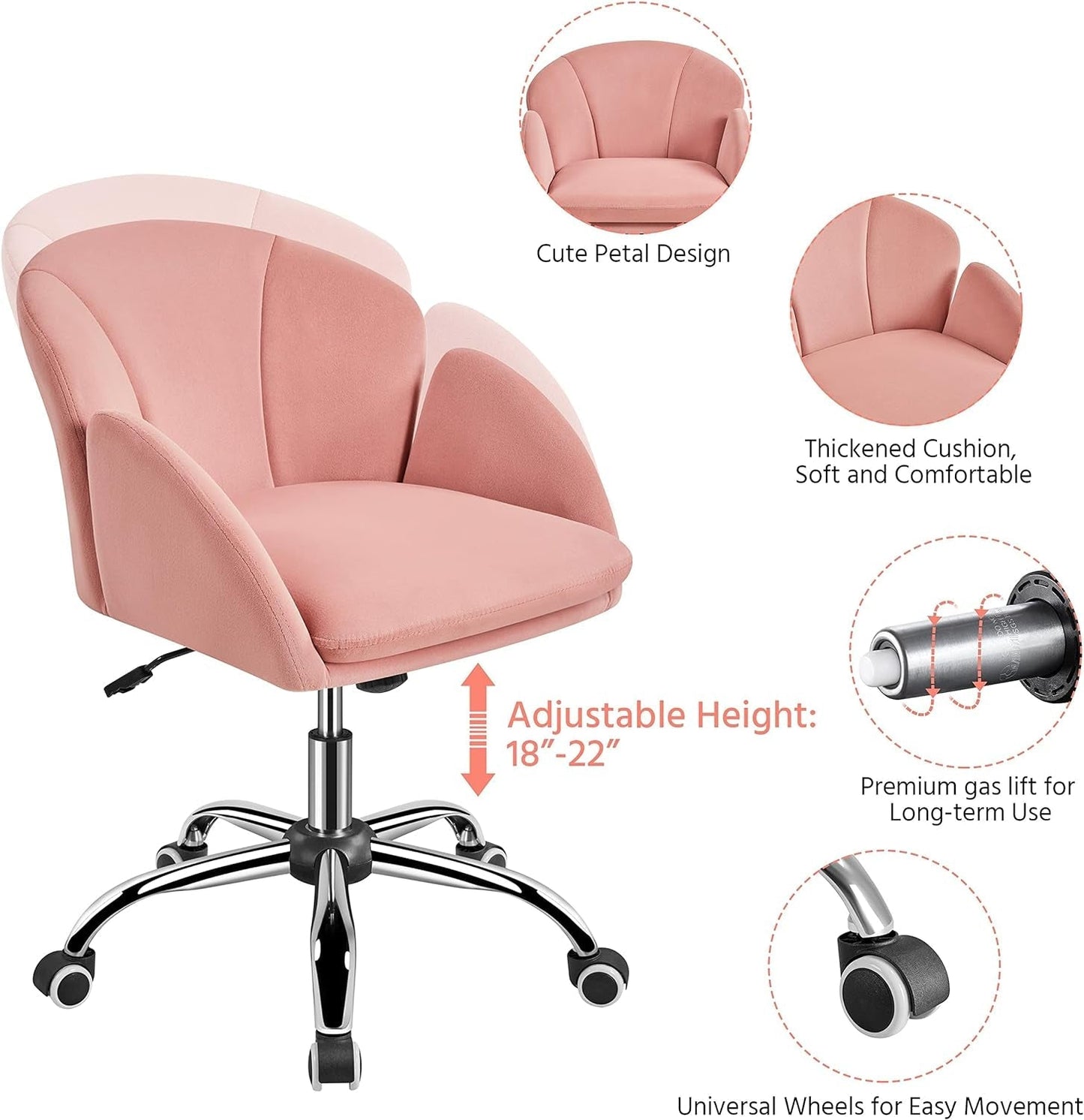 Pink Desk Chair Cute Velvet Chair for Home Office, Vanity Chair with Wheels Armrests Modern Swivel Rolling Chair for Bedroom-3