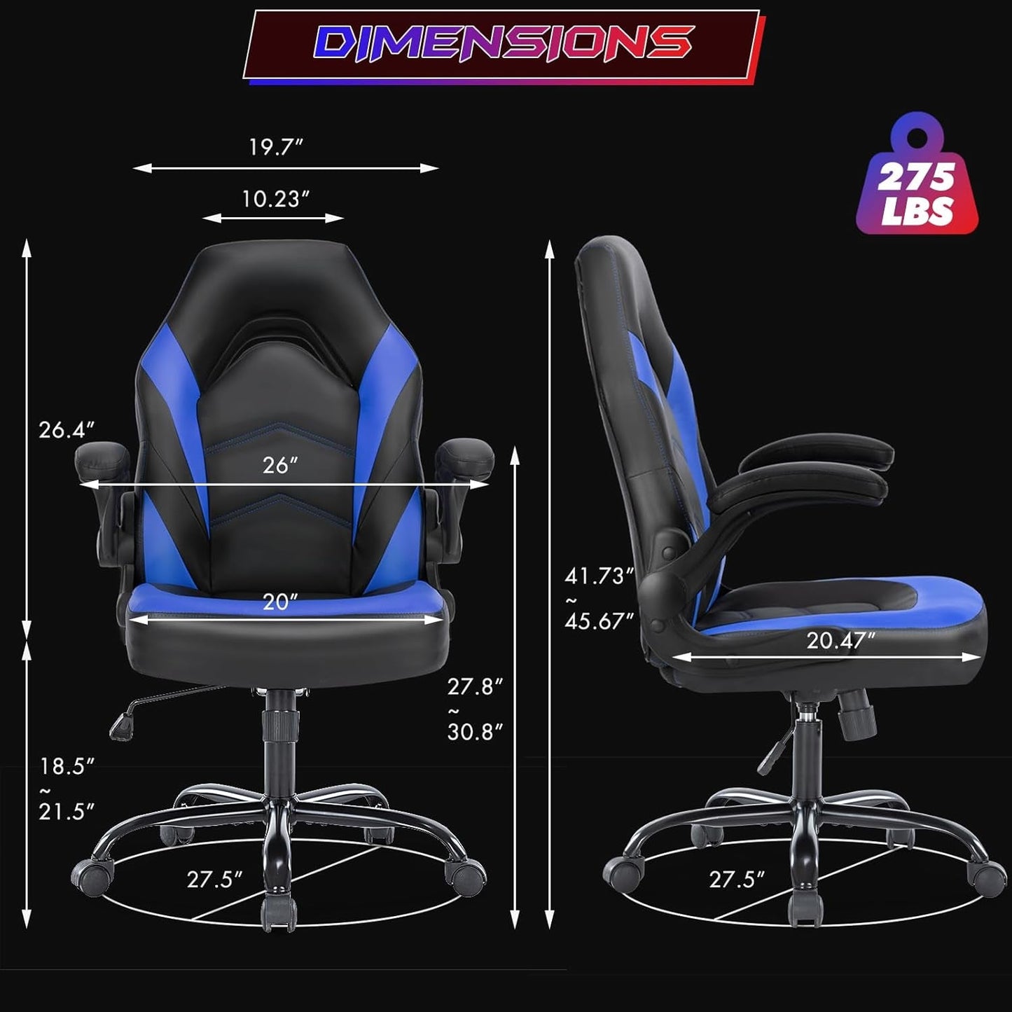 Computer Gaming Desk Chair - Ergonomic Office Executive Adjustable Swivel Task PU Leather Racing Chair with Flip-Up Armrest for Adults, Kids, Men, Girls, Gamer, Black Blue-2