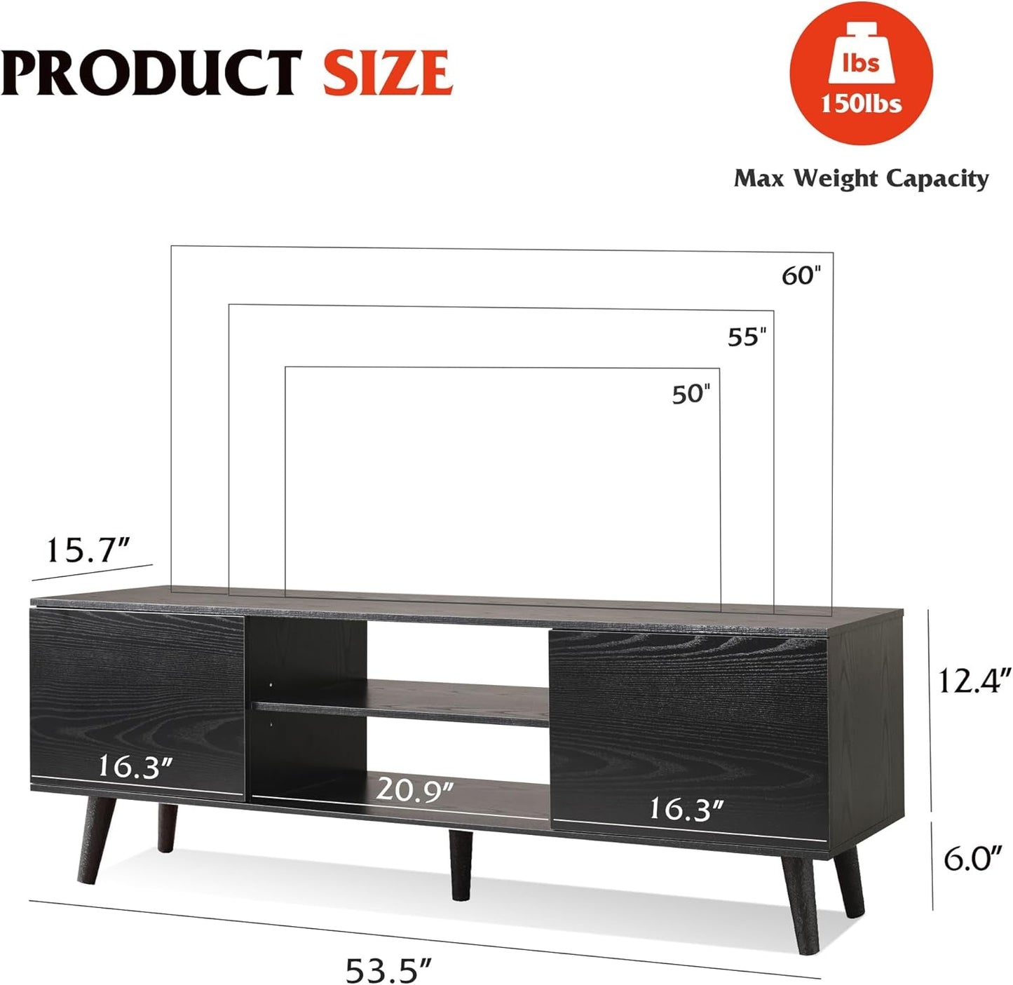 TV Stand for 55 60 Inch TV, Entertainment Center with Storage Cabinets, Rustic TV Console for Living Room Decor, Black-1