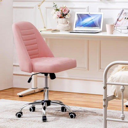 PU Leather Armless Office Chair, Mid Back Desk Chair, Computer Task Chair, Modern Vanity Chair with Rolling Wheels, Metal Base Pink-1