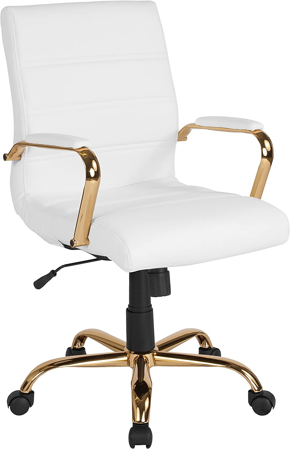 Whitney Mid-Back Swivel Leathersoft Desk Chair with Padded Seat and Armrests, Adjustable Height Padded Office Chair, White/Gold-0