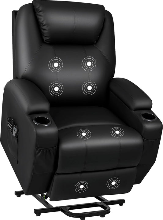 Power Lift Recliner Chair with Massage for Elderly PU Leather Modern Reclining Sofa Chair with Cup Holders, Remote Control, Adjustable Furniture (Black)-0