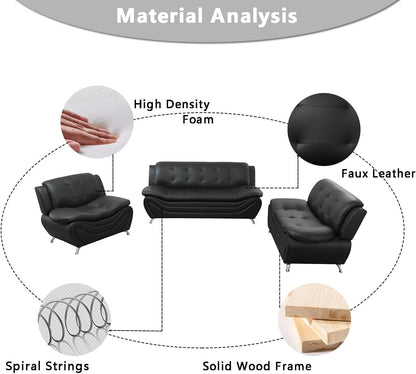 Leather Couches for Living Room, Living Room Couch Set, Sofa for Bedroom, Apartment, Living Room Furniture Sets (A-Leather Black, Sofa+Loveseat)-3