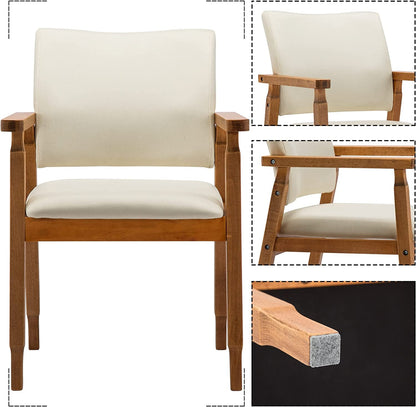 Mid Century Modern Walnut Dining Chairs Wood Arm Beige Fabric Kitchen Cafe Living Room Decor Furniture-2