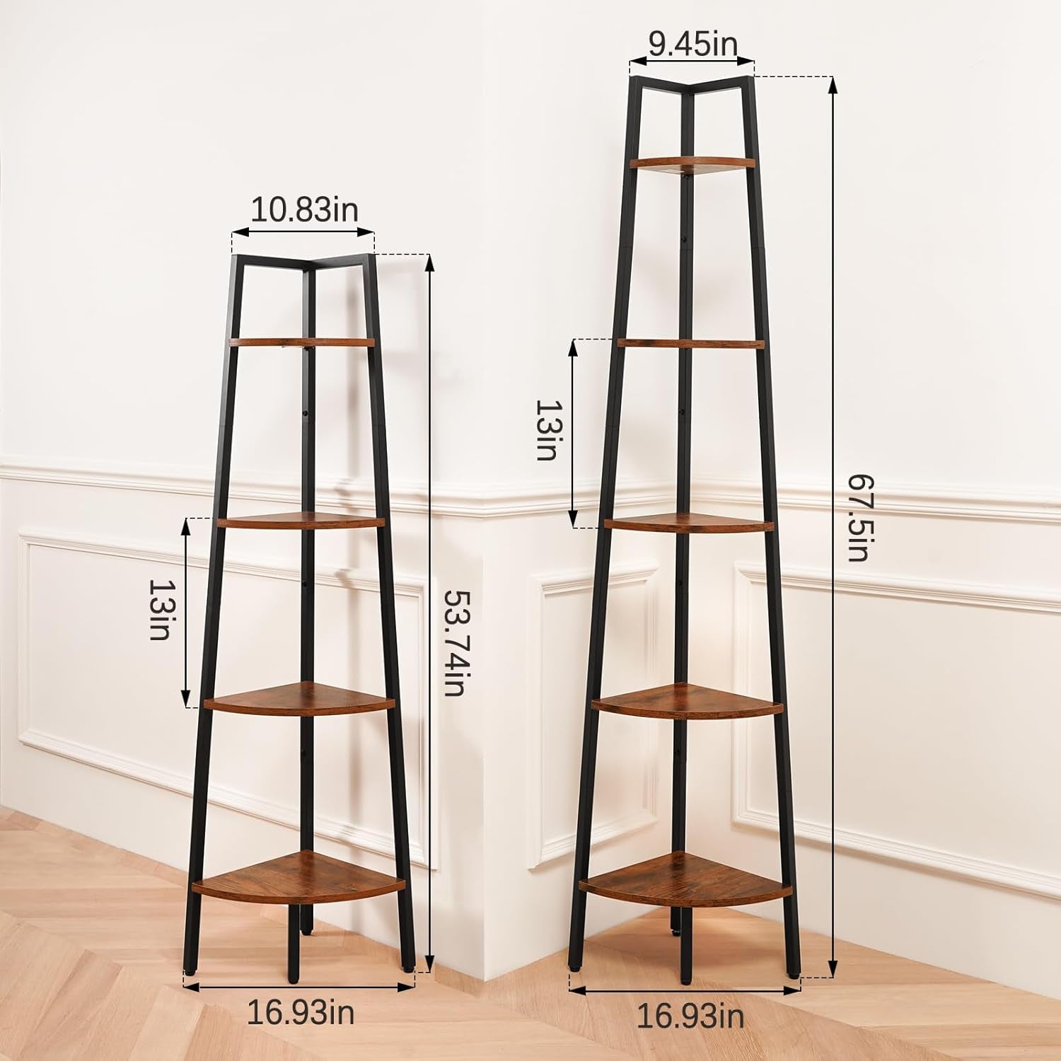 4-Tier Corner Bookshelf with Metal Frame - Ladder Display Shelf for Bedroom and Living Room, Tall Wood Corner Bookcase and Plant Stand-2